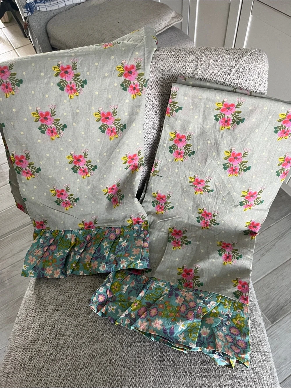 2 Natural Life king Grey Nora floral polkadot Boho pillowcases contrast ruffle